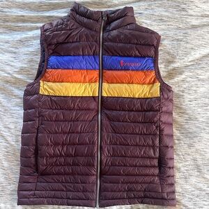 Cotopaxi Men’s Brown Down Puffer Fuego Vest, Blue Orange Yellow (L)